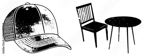 Graphic illustration of a distressed trucker cap, simple wooden chair, and circular table with speckled texture, vector design, urban streetwear accessory, café or lounge furniture.