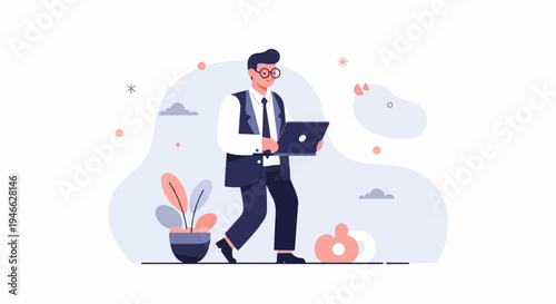 A person in a suit walks with a laptop in a stylized environment