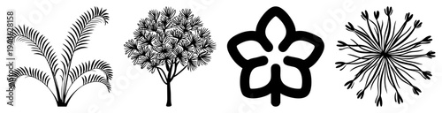 Stylized plant forms rendered as bold black, including palm fronds, bushy tree, glyph, and dandelion seed head, minimalist vector art.