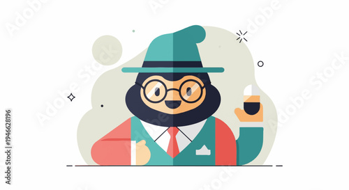 A stylized character with a hat, glasses, and a beard holds a capsule