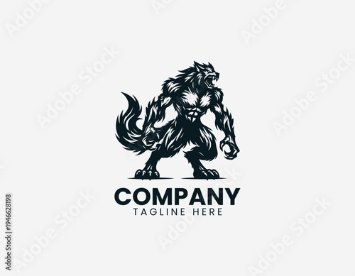 Muscular werewolf monster standing black vector logo illustration isolated on white background