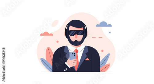 A person in a suit with sunglasses and headphones holds a smartphone