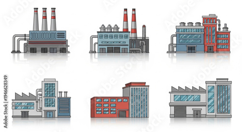 Set of Industrial Factory Buildings with Chimneys and Structures.