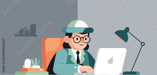 A person wearing a cap and glasses works on a laptop at a desk (1)