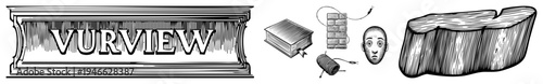 Ornate sign reading "VURVIEW" with book, brick stack, spool, and wood block, vintage illustration style, black and white art, isolated elements.