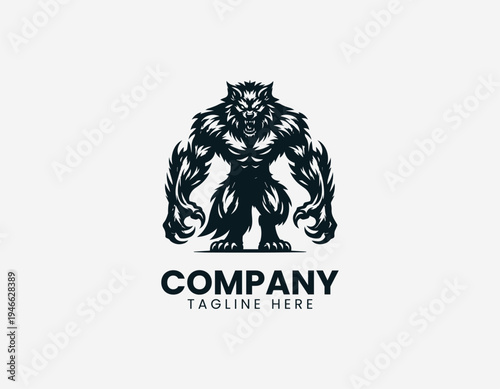 Muscular werewolf monster standing black vector logo illustration isolated on white background