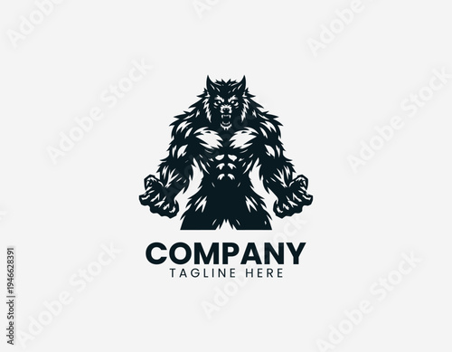 Muscular werewolf monster standing black vector logo illustration isolated on white background