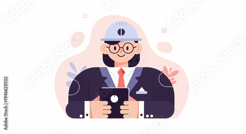 A person in a suit and hard hat holds a tablet, surrounded by decorative shapes and leaves