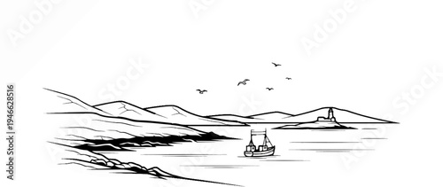 A stylized black and white drawing of a serene coastal landscape with a sailboat