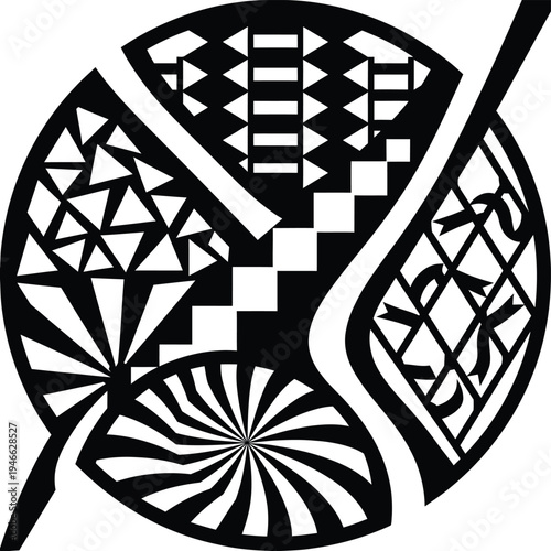 Leaf shape tribal illustration containing multiple panels of oceanic patterns including zigzags and sunburst line art elements.