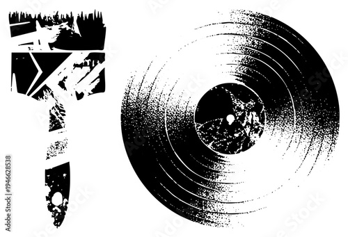 Distressed black and white vector a cracked guitar pick and a stylized vinyl record with grooves, halftone texture, punk rock aesthetic, isolated foreground.