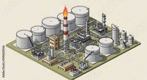 Isometric Illustration of an Industrial Complex with Storage Tanks.