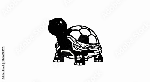 A stylized black and white drawing of a turtle with a shell patterned like a soccer ball