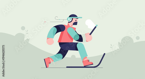 A person in athletic attire rides a scooter while holding a white flag