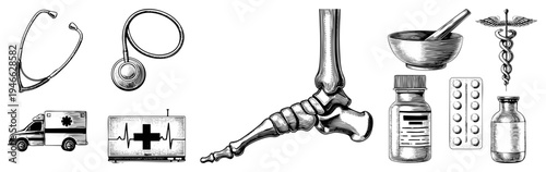 Vintage medical including stethoscope, caduceus, foot bones, pills, mortar, ambulance, ECG monitor, and medical bottle, rendered in engraved style.