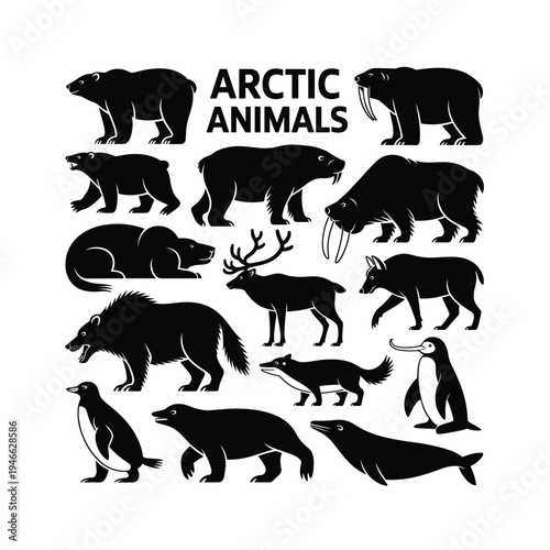 Arctic animals collection featuring polar bears walruses and reindeer silhouette