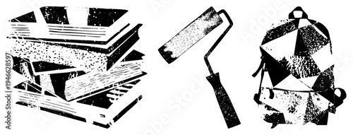 Educational materials, paint applicator, student gear, study tools, learning supplies, artistic supplies, school essentials, creative workspace.