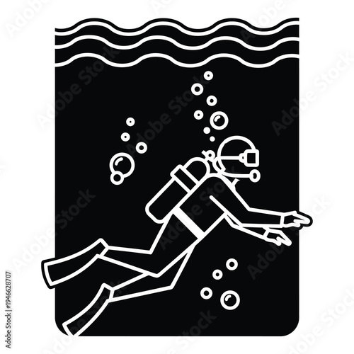 Scuba diver swimming underwater with bubbles and wavy surface line art icon