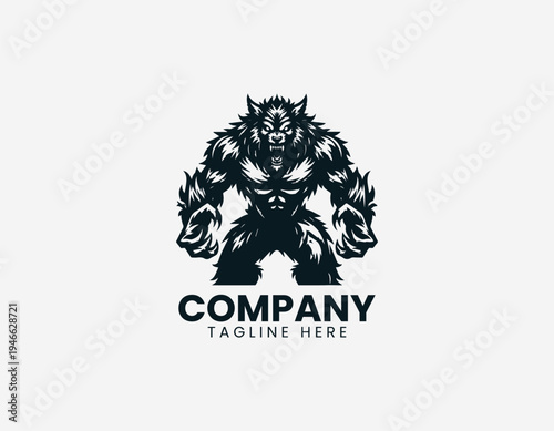 Muscular werewolf monster standing black vector logo illustration isolated on white background