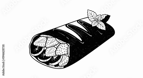 A stylized black and white illustration of a strawberry chocolate crepe with mint