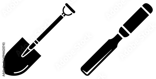 Black silhouette garden implements, digging shovel and trowel, landscaping tools, outdoor gardening, soil manipulation equipment.