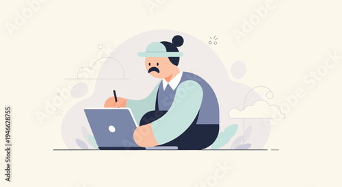 A person wearing a hat and overalls works on a laptop with a pen