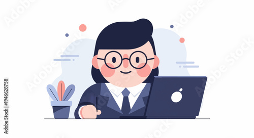 A person in a suit and glasses works on a laptop at a desk