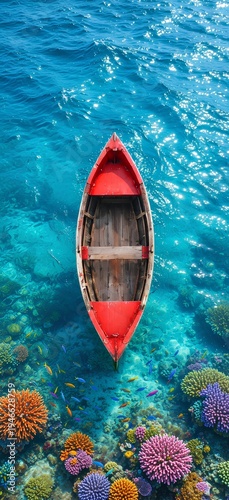 red boat in the sea with coral reefs