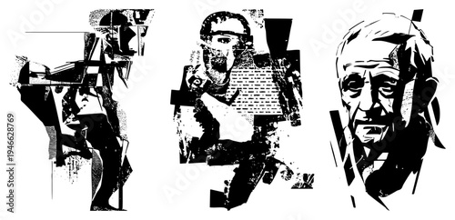 Stylized halftone portraits, fragmented faces, graphic art, bold contrast, cubist inspired composition, illustration, artistic expression.