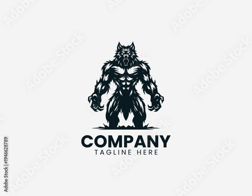 Muscular werewolf monster standing black vector logo illustration isolated on white background
