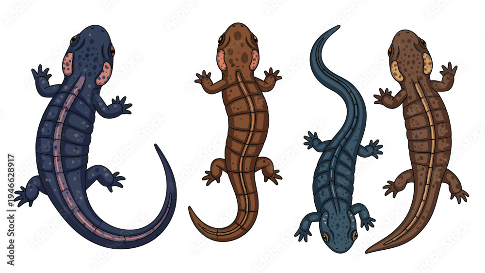 Obraz premium Set of colorful salamander and newt illustrations, top view vector collection on white background
