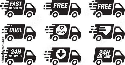 Delivery truck with various labels delivery trucks fast delivery free delivery 24 hour delivery shipping logistics
