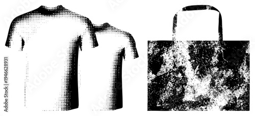 Black and white halftone t shirt and tote bag, graphic design elements, dotted texture, print mockup, apparel and accessory templates.