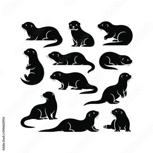 Collection of black silhouettes depicting various otter poses and behaviors