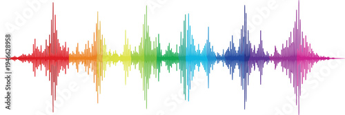Colorful rainbow sound wave visualization, digital audio spectrum equalizer frequency, vibrant music signal waveform for podcasting and studio sound recording technology.
