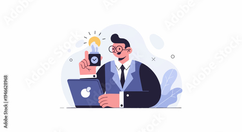 A person in formal attire holds a lightbulb symbolizing a new idea near a laptop