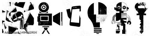 Digital device symbols rendered in black and white halftone, including smartphone, robot, lightbulb, camera, and key minimalist tech for UI, web, and design.