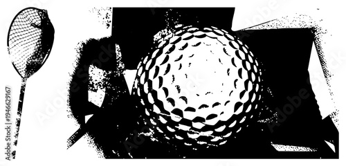 Graphic vector illustration of golf ball and tines, halftone texture,, sport equipment, isolated foreground elements.