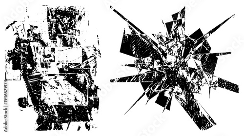 Fragmented abstract shapes in high contrast, shattered glass effect, digital glitch art, graphic design element, modern visual texture.