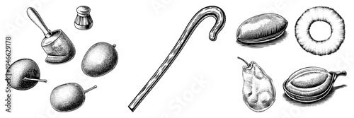 Classic inkwell, quill pen, and writing implements rendered in detailed engraving, alongside stylized fruit and cane motifs, all in vector art.