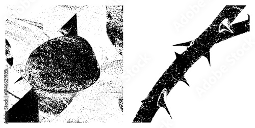 Stylized branch and circular emblem rendered in halftone dot, vector graphic with gritty texture, isolated foreground elements, design.