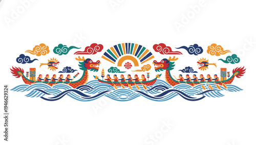 Dragon boat practice session panoramic banner. Traditional Chinese festival flat design vector illustration. Isolated on transparent background