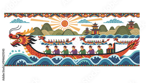 Dragon boat race on river panoramic banner. Traditional Chinese landscape flat design vector illustration. Isolated on transparent background