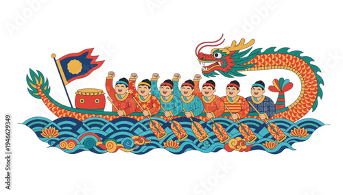 Cheering dragon boat team panoramic banner. Duanwu festival celebration flat design vector illustration. Isolated on transparent background