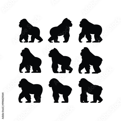 Nine gorilla silhouettes in varying poses against a white background