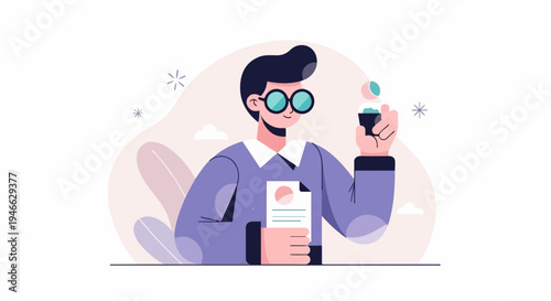 A person in glasses holds a paper and a cup with green dots