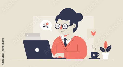 A person in glasses works on a laptop with a cup of coffee