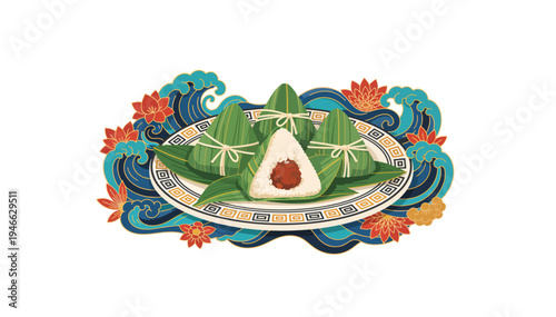 Steamed zongzi on plate vector illustration. Ultra wide panoramic banner with traditional food and waves. Flat design graphic isolated on transparent background