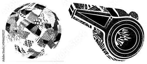 Retro styled soccer ball with halftone shading, vintage camera featuring flame emblem, graphic design elements, vector art, isolated sports and.