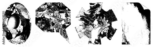 Fragmented black and white shapes with halftone shading, stylized graphic elements, vector art, digital print, modern abstract composition.